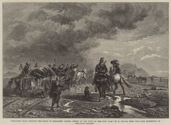 Tren militar cruzando las arenas hacia el Castillo de Elizabeth, Jersey, en la época de la Guerra Civil